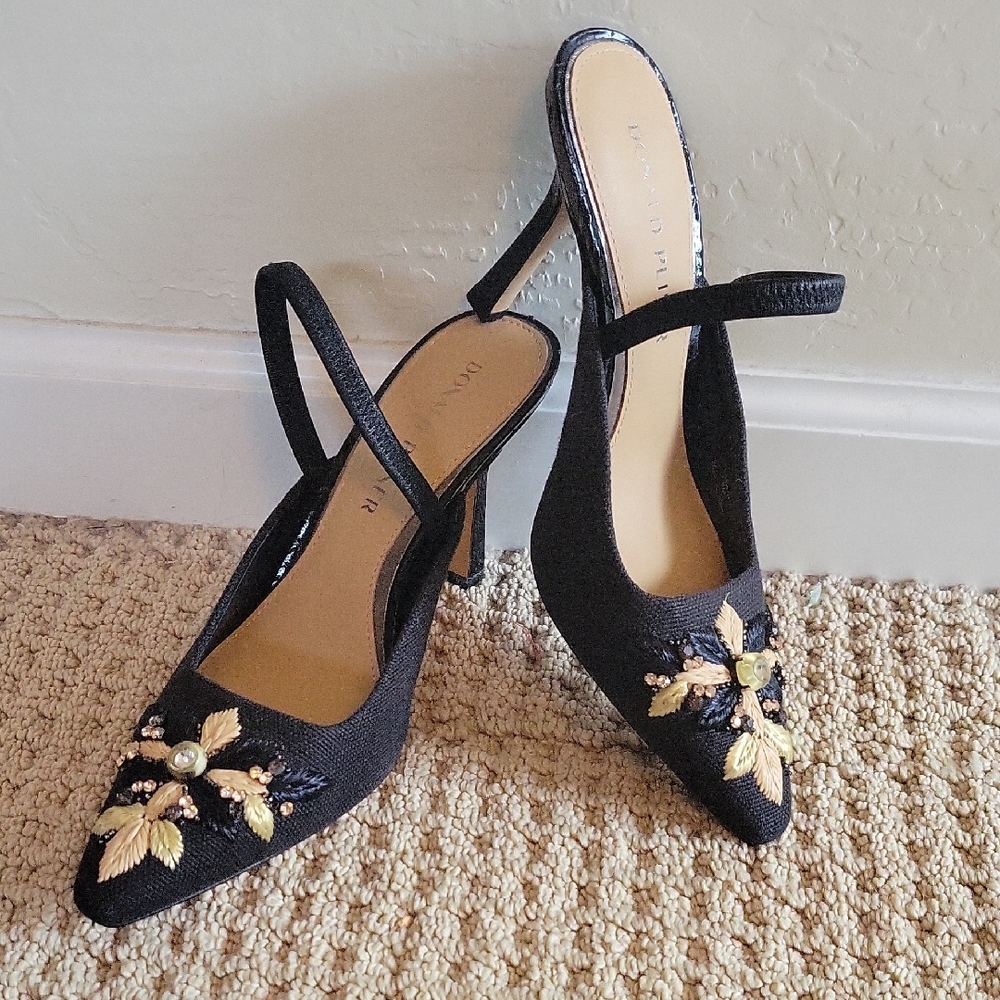 Donald J. Pliner Black Heels with Gold Floral Design